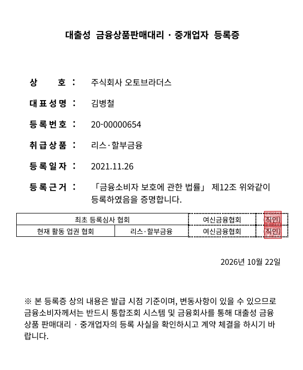 주식회사 오토브라더스 대출성 금융상품판매대리·중개업자 등록증 — 등록번호 20-00000654, 취급상품 리스·할부금융, 등록일 2021.11.26, 여신금융협회